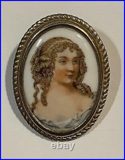 Antique Victorian Portrait Cameo Brooch Porcelain Hand Painted Gold Pin 1 3/4