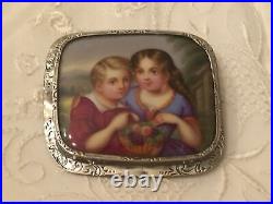 Antique Victorian Portrait Cameo Hand Paint Porcelain Brooch Pin Sterling Child