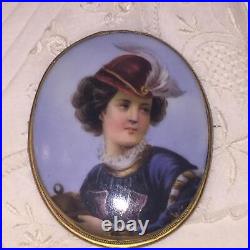 Antique Victorian Portrait Cameo Hand Painted Gold Porcelain Brooch Pin Large