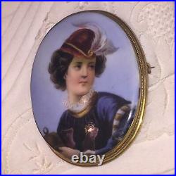 Antique Victorian Portrait Cameo Hand Painted Gold Porcelain Brooch Pin Large