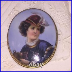 Antique Victorian Portrait Cameo Hand Painted Miniature Gold Brooch X- Large