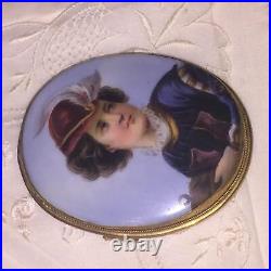 Antique Victorian Portrait Cameo Hand Painted Miniature Gold Brooch X- Large