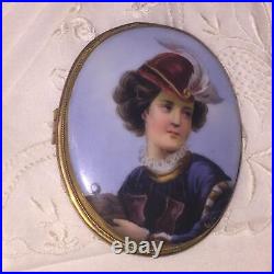 Antique Victorian Portrait Cameo Hand Painted Miniature Gold Brooch X- Large