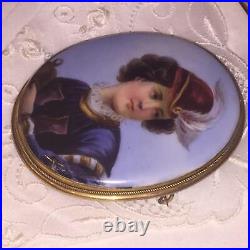 Antique Victorian Portrait Cameo Hand Painted Miniature Gold Brooch X- Large