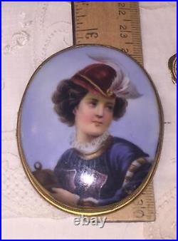 Antique Victorian Portrait Cameo Hand Painted Miniature Gold Brooch X- Large