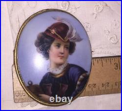 Antique Victorian Portrait Cameo Hand Painted Miniature Gold Brooch X- Large