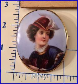 Antique Victorian Portrait Cameo Hand Painted Miniature Gold Brooch X- Large