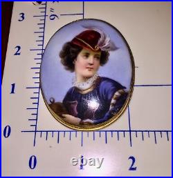 Antique Victorian Portrait Cameo Hand Painted Miniature Gold Brooch X- Large