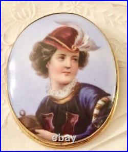 Antique Victorian Portrait Cameo Hand Painted Miniature Gold Brooch X- Large