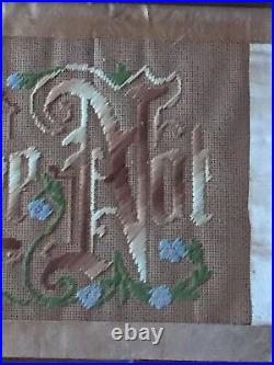 Antique Victorian Punched Paper Sampler Motto Forget Me Not with Clasped Hands