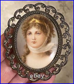 Antique Victorian REDDALL & CO Sterling Hand Painted Portrait Cameo BELT BUCKLE