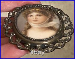 Antique Victorian REDDALL & CO Sterling Hand Painted Portrait Cameo BELT BUCKLE