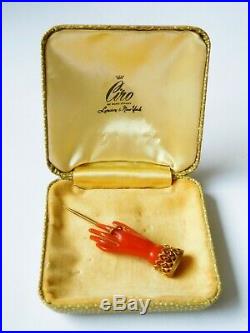Antique Victorian Red Celluloid Faux Coral & Pinchbeck Filigree Hand Pin Brooch