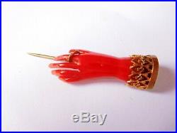 Antique Victorian Red Celluloid Faux Coral & Pinchbeck Filigree Hand Pin Brooch