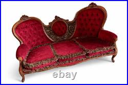 Antique Victorian Rococo Revival Sofa Hand-Carved Wood & Burgundy Velvet