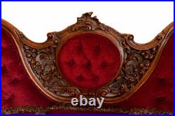 Antique Victorian Rococo Revival Sofa Hand-Carved Wood & Burgundy Velvet