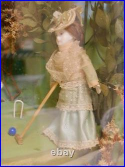 Antique Victorian Roombox Diorama Dolls Playing Croquet Hand Made Painted