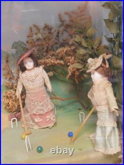 Antique Victorian Roombox Diorama Dolls Playing Croquet Hand Made Painted
