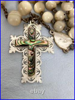 Antique Victorian Rosary Mother of Pearl Large Beads Hand Carved Cross