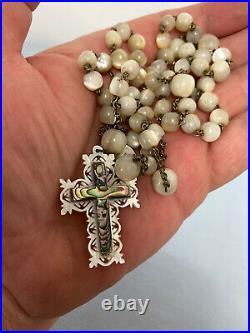 Antique Victorian Rosary Mother of Pearl Large Beads Hand Carved Cross