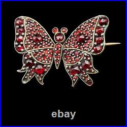 Antique Victorian Rose Cut Bohemian Garnet Butterfly Brooch Gilded 800 Silver