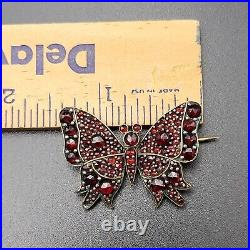 Antique Victorian Rose Cut Bohemian Garnet Butterfly Brooch Gilded 800 Silver