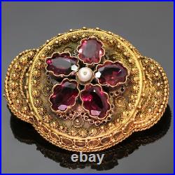 Antique Victorian Rubellite 15k Yellow Gold Hand-Made Filligree Pendant Brooch