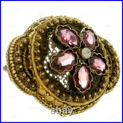 Antique Victorian Rubellite 15k Yellow Gold Hand-Made Filligree Pendant Brooch