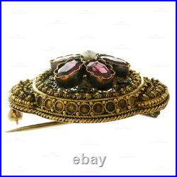 Antique Victorian Rubellite 15k Yellow Gold Hand-Made Filligree Pendant Brooch