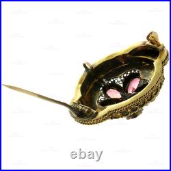 Antique Victorian Rubellite 15k Yellow Gold Hand-Made Filligree Pendant Brooch