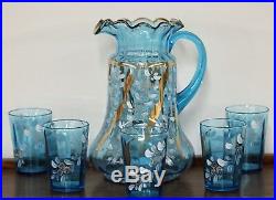 Antique Victorian Ruffled Blue Hand Painted Pitcher 5 Glass Lemonade/ Water Set