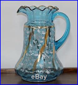 Antique Victorian Ruffled Blue Hand Painted Pitcher 5 Glass Lemonade/ Water Set