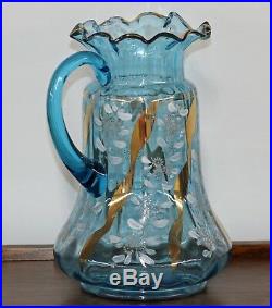 Antique Victorian Ruffled Blue Hand Painted Pitcher 5 Glass Lemonade/ Water Set