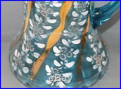 Antique Victorian Ruffled Blue Hand Painted Pitcher 5 Glass Lemonade/ Water Set