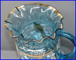 Antique Victorian Ruffled Blue Hand Painted Pitcher 5 Glass Lemonade/ Water Set
