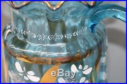 Antique Victorian Ruffled Blue Hand Painted Pitcher 5 Glass Lemonade/ Water Set