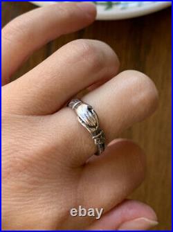 Antique Victorian STERLING SILVER Fede Gimmel RING Movable Clasping Hands 2 Band