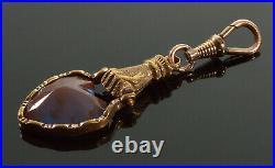 Antique Victorian Saphiret Glass Gf Hand Fist Fob Pendant C. 1880 Dog Clip Clasp