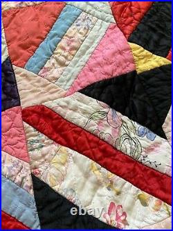 Antique Victorian Satin Crazy Quilt 70x78 Hand Made Sewn Patchwork Blanket VTG