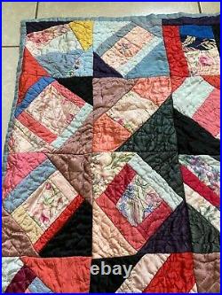 Antique Victorian Satin Crazy Quilt 70x78 Hand Made Sewn Patchwork Blanket VTG