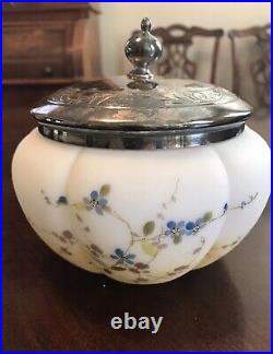Antique Victorian Satin Glass Biscuit Jar Ribbed Hand Painted Silverplated Lid