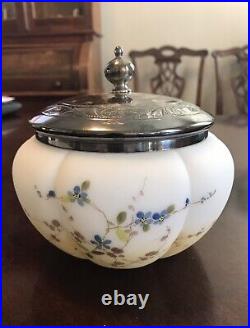 Antique Victorian Satin Glass Biscuit Jar Ribbed Hand Painted Silverplated Lid