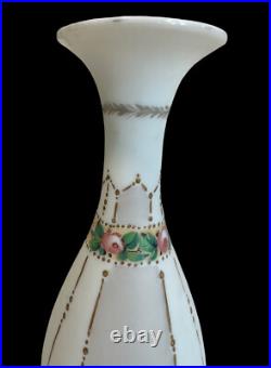 Antique Victorian Satin Glass Vase Hand Painted Delicate Floral & Gilded Designs