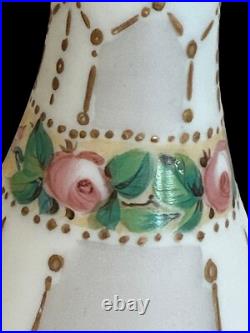 Antique Victorian Satin Glass Vase Hand Painted Delicate Floral & Gilded Designs