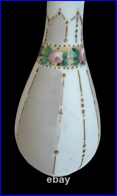 Antique Victorian Satin Glass Vase Hand Painted Delicate Floral & Gilded Designs