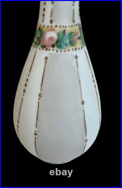 Antique Victorian Satin Glass Vase Hand Painted Delicate Floral & Gilded Designs