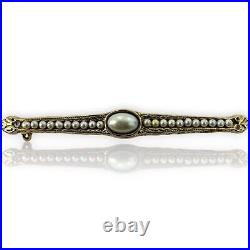 Antique Victorian Seed Pearl Hand Chased Solid 14k Yellow Gold Brooch Pin