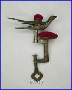 Antique Victorian Sewing Bird Third Hand Clamp with Red Velvet Dual Pincushion