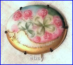 Antique Victorian Shamrock Clover Brooch Hand Painted Porcelain Irish Pink Pin