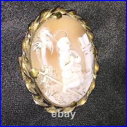 Antique Victorian Shell Cameo Brooch Gold Gilded Pendant Hand Carved Saint Angel